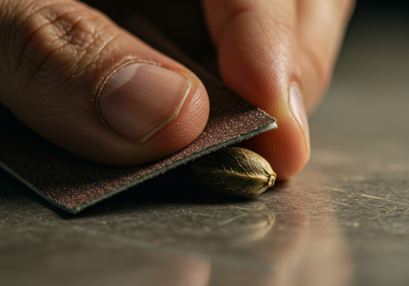  a cannabis seed being lightly sanded for scarification, a technique used to speed up germination by helping water penetrate the seed's tough outer shell