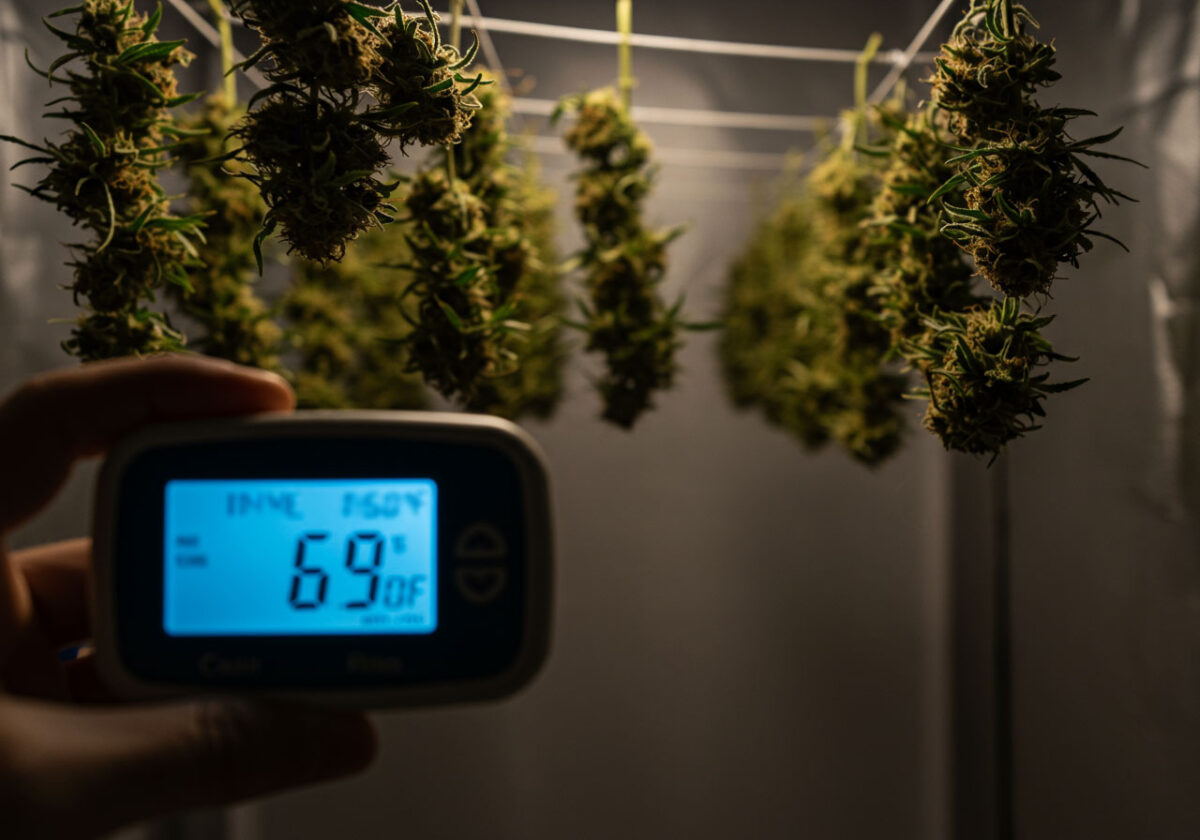 Hanging cannabis buds drying on strings in a controlled environment, with a handheld device showing 69°F temperature and ideal humidity levels for curing.