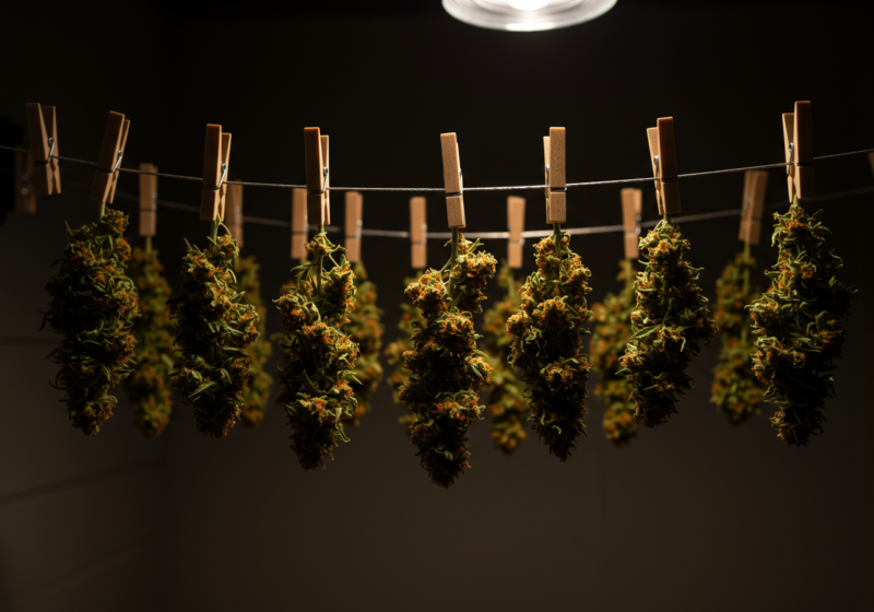 Freshly trimmed cannabis buds hanging from clothespins on a drying line in a dark indoor room. Soft lighting highlights their vibrant green and orange hues, trichomes, and textures, creating a controlled and professional drying environment.