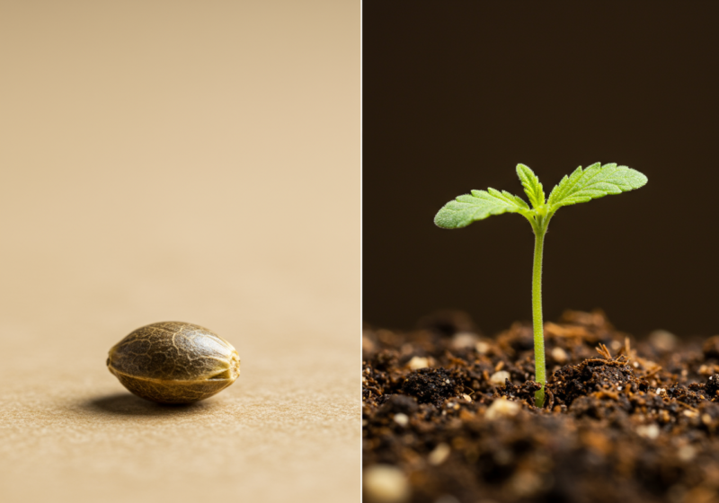 A side-by-side image showing a cannabis seed on one side and a healthy green seedling growing in soil on the other, representing the transition from seed to sprout