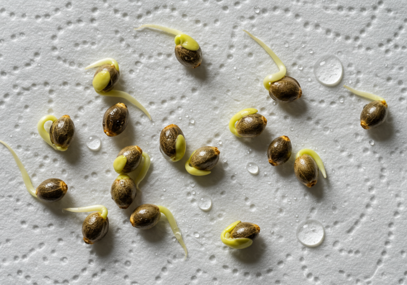 cannabis seeds germinating on a moist paper towel, with small roots