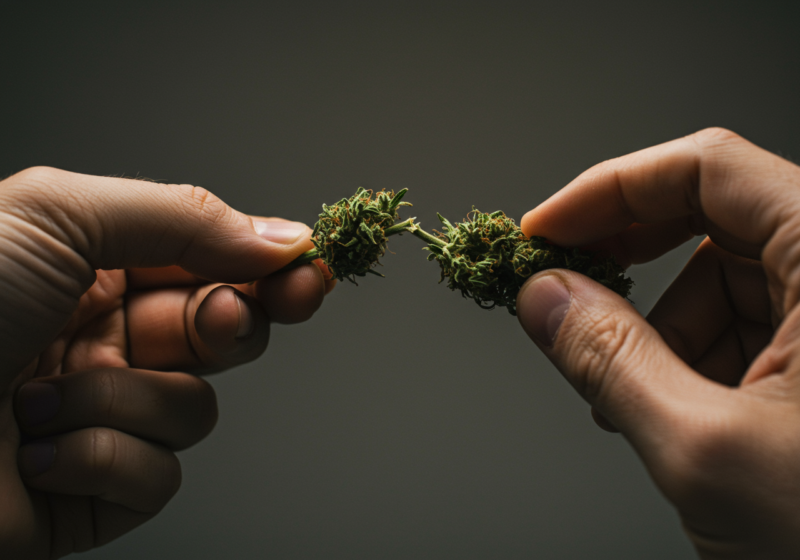 Close-up of hands breaking apart a dried cannabis bud, inspecting its texture and readiness for curing or consumption.