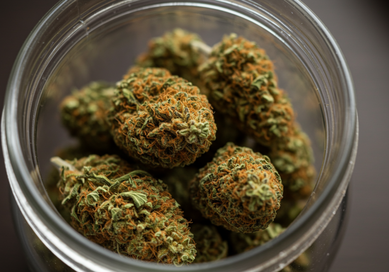 dried and fully cured cannabis buds in an open glass jar, showcasing dense structure, frosty trichomes, and vibrant green and orange hues.