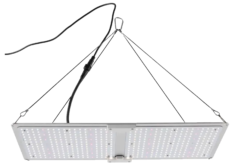 Secure adjustable hangers supporting an LED grow light above a canopy