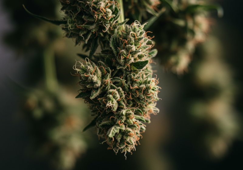 Close-up of freshly harvested cannabis buds hanging to dry, showcasing vibrant green hues, orange pistils, and frosty trichomes in a dimly lit environment.