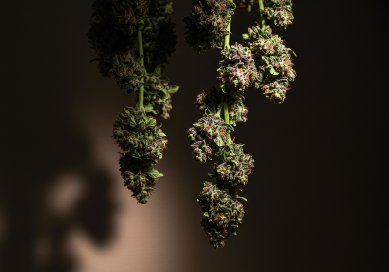 Freshly harvested cannabis buds hanging from stems in a dimly lit room