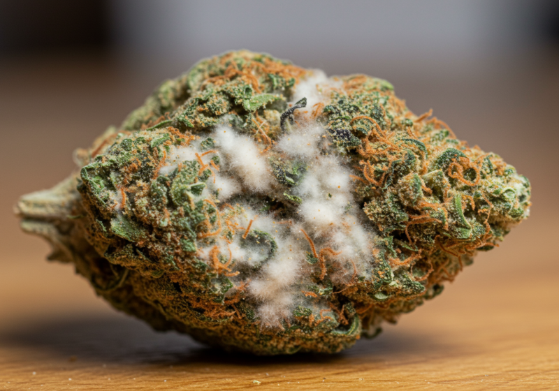 Close-up of moldy cannabis buds, warning against smoking contaminated weed due to serious health risks. Proper drying and storage are essential to prevent mold growth.