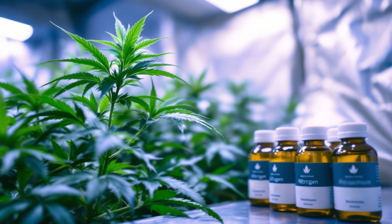 Indoor cannabis plant receiving balanced nutrients during vegetative growth