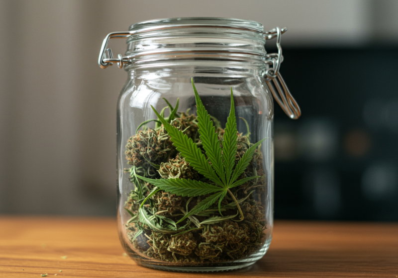  A glass mason jar filled with cured cannabis buds and freshly cut fan leaves placed inside to rehydrate the buds. The jar is open, showcasing the contrast between the fresh green leaves and the dried buds, emphasizing the rehydration process.