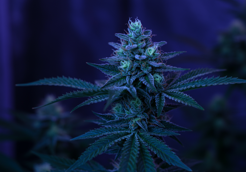 a cannabis plant under UVB light, with a glowing effect highlighting trichomes and enhancing resin production on the dense buds.