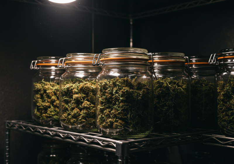 Glass jars filled with dried cannabis buds neatly arranged on metal shelves under warm lighting.