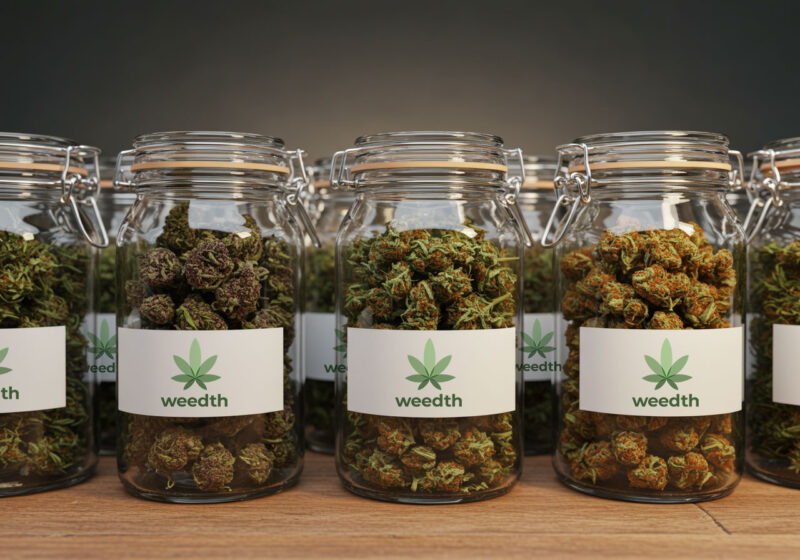 glass jars labeled with the Weedth logo, filled with vibrant cannabis buds. The jars showcase proper storage, emphasizing quality and branding