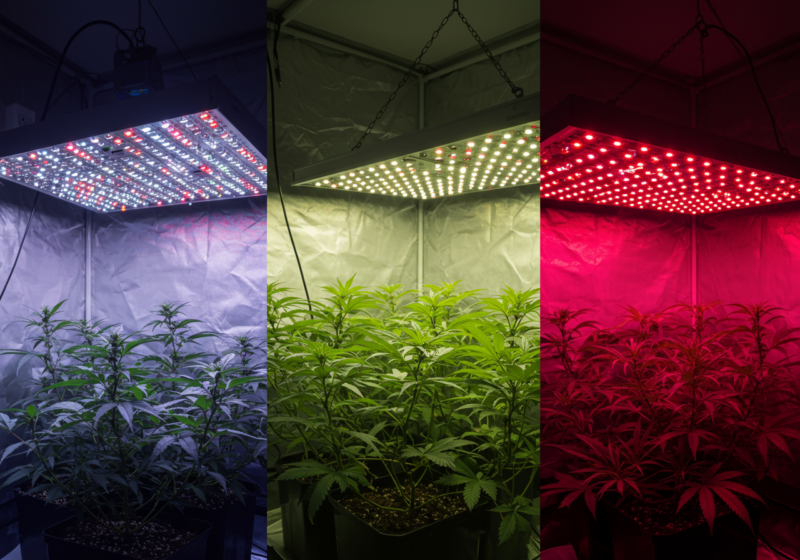 cannabis plants under different LED light spectrums: blue for vegetative growth, full-spectrum for balanced growth, and red for flowering. Each spectrum highlights the unique effects of lighting on plant development in an indoor grow tent.