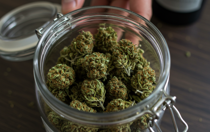 a glass jar filled with dense, trichome-rich cannabis buds, with a hand gently holding the lid.