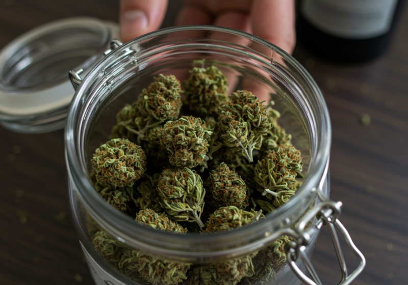 a glass jar filled with dense, trichome-rich cannabis buds, with a hand gently holding the lid.