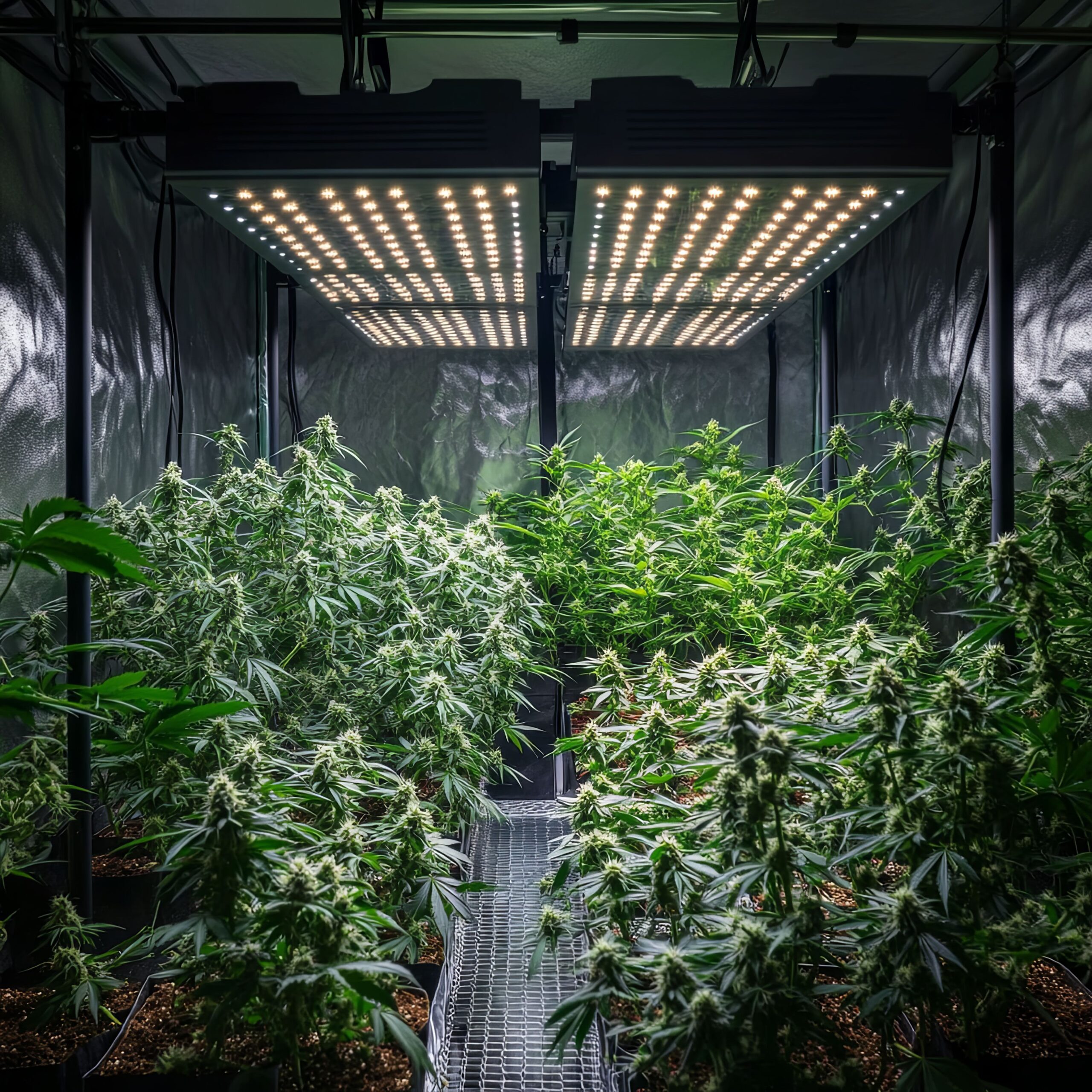 Indoor cannabis grow room with LED lights above an even canopy
