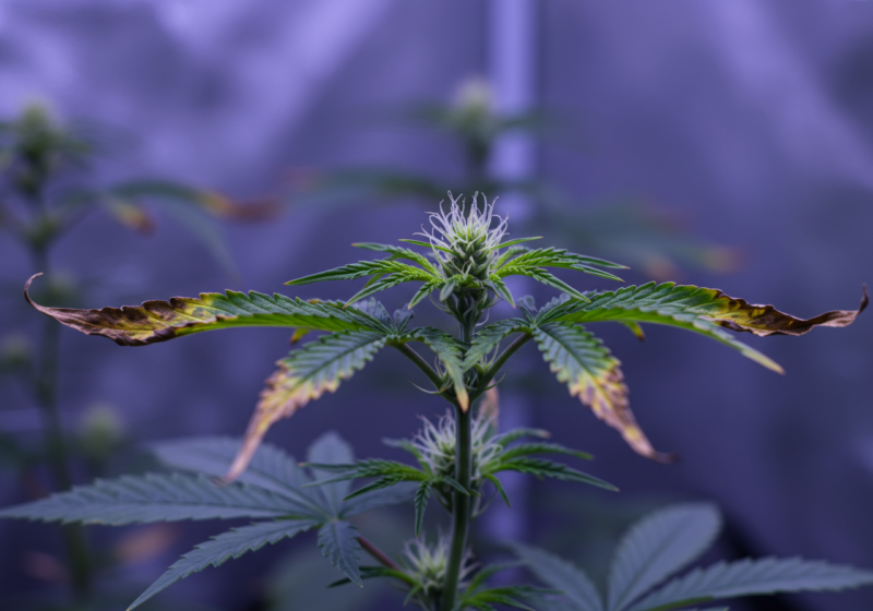 Close-up of an indoor cannabis plant with a leaf showing signs of light burn, characterized by yellowing and discoloration, caused by excessive light exposure.