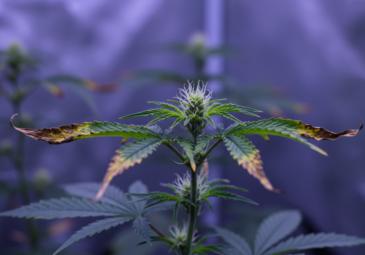 Indoor cannabis leaf showing light burn from excessive exposure