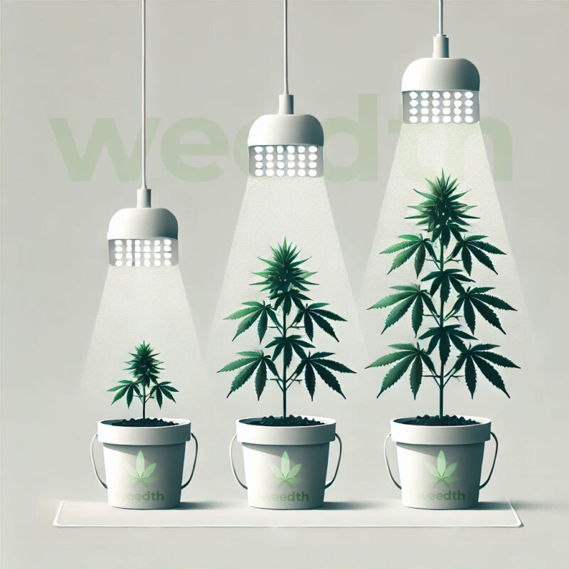 A minimalist infographic illustration showing cannabis plants in pots under grow lights, with the lights gradually moving upward step-by-step to accommodate plant growth.