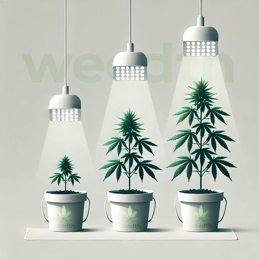 Illustration of grow lights being raised as cannabis plants develop