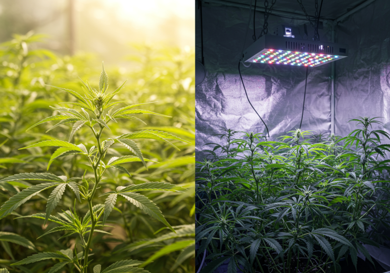 A split-view showing cannabis plants under natural sunlight on the left and under a LED grow light on the right, highlighting the differences between outdoor and indoor lighting environments for plant growth.