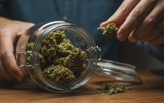 a grower placing cannabis buds into a tilted glass jar.