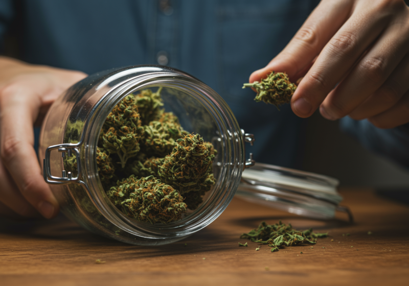 a grower placing cannabis buds into a tilted glass jar.