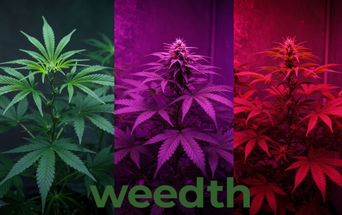 A split image showing cannabis plants under three different lighting spectrums: vegetative (green), full spectrum (purple), and flowering (red). The Weedth logo emphasizes the versatility of tailored light spectrums for optimal cannabis growth.