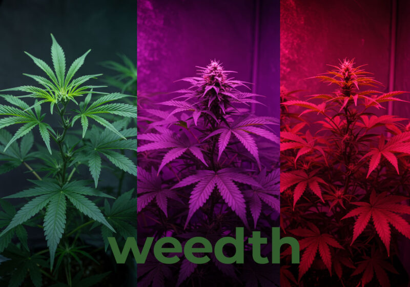 A split image showing cannabis plants under three different lighting spectrums: vegetative (green), full spectrum (purple), and flowering (red). The Weedth logo emphasizes the versatility of tailored light spectrums for optimal cannabis growth.