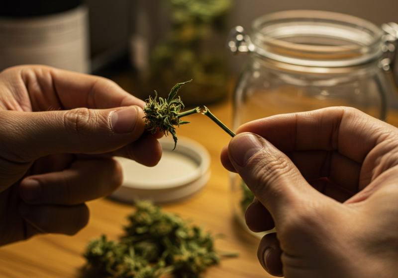 cannabis grower snapping a small stem to test the dryness of a bud, with a clean break visible