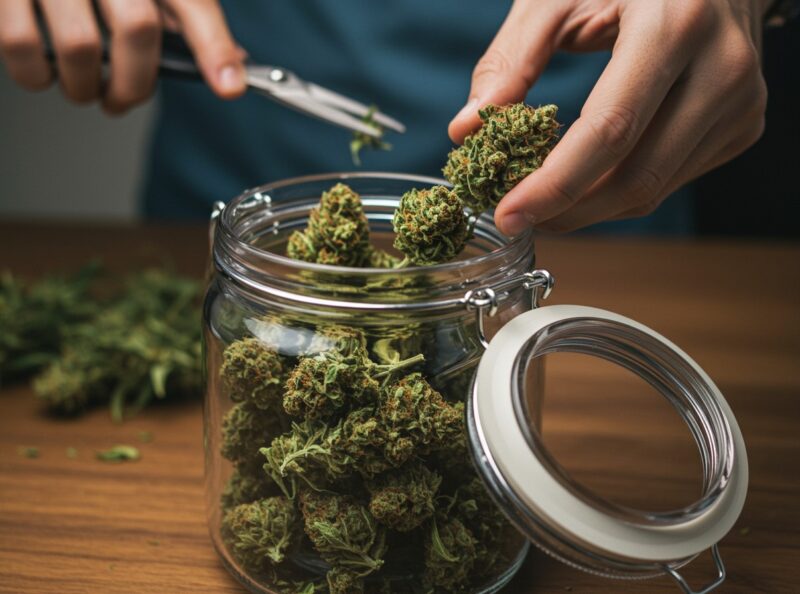 trimming cannabis buds with scissors and placing them into a glass jar.