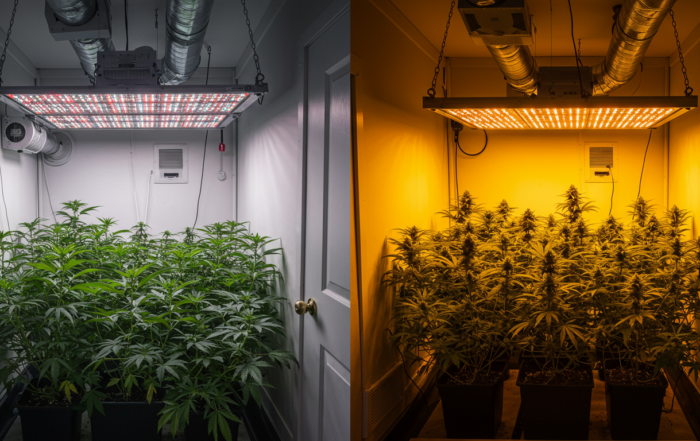cannabis plants in an indoor grow room, showing vegetative plants under LED lighting on the left and flowering plants under warm HPS lighting on the right.