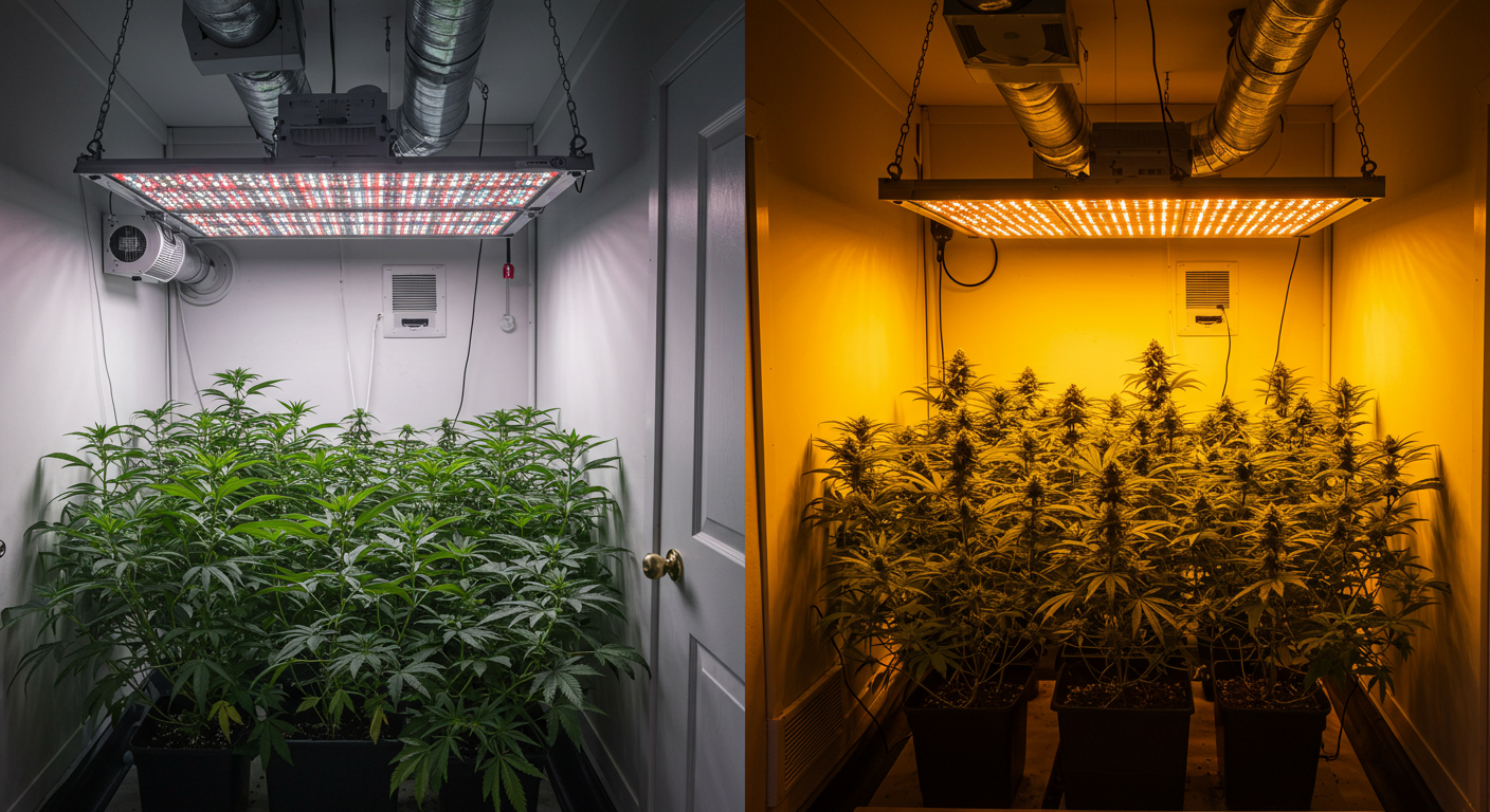 cannabis plants in an indoor grow room, showing vegetative plants under LED lighting on the left and flowering plants under warm HPS lighting on the right.