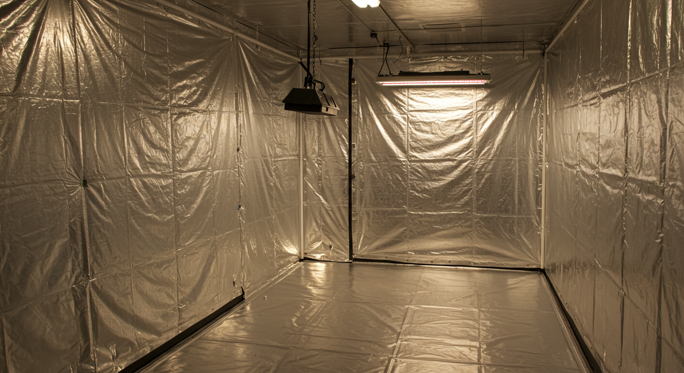 empty indoor cannabis grow room fully lined with reflective Mylar walls and floor, equipped with hanging grow lights, awaiting plant cultivation.
