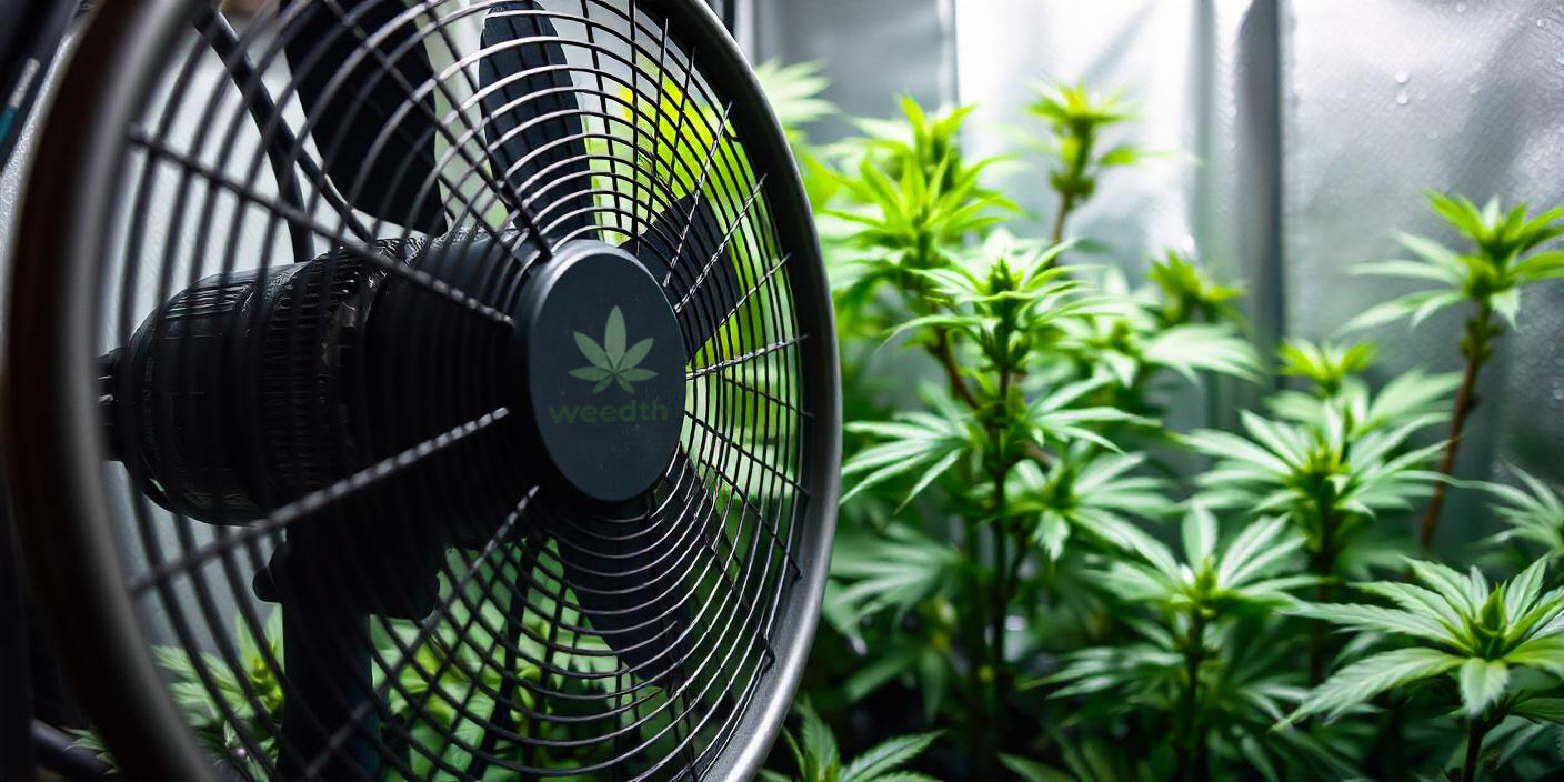 A small oscillating fan circulating air around indoor cannabis plants