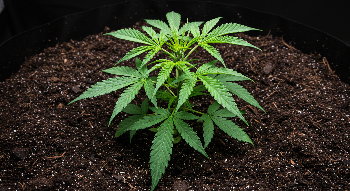 Young cannabis plant growing in peat-based soil mix inside a fabric pot
