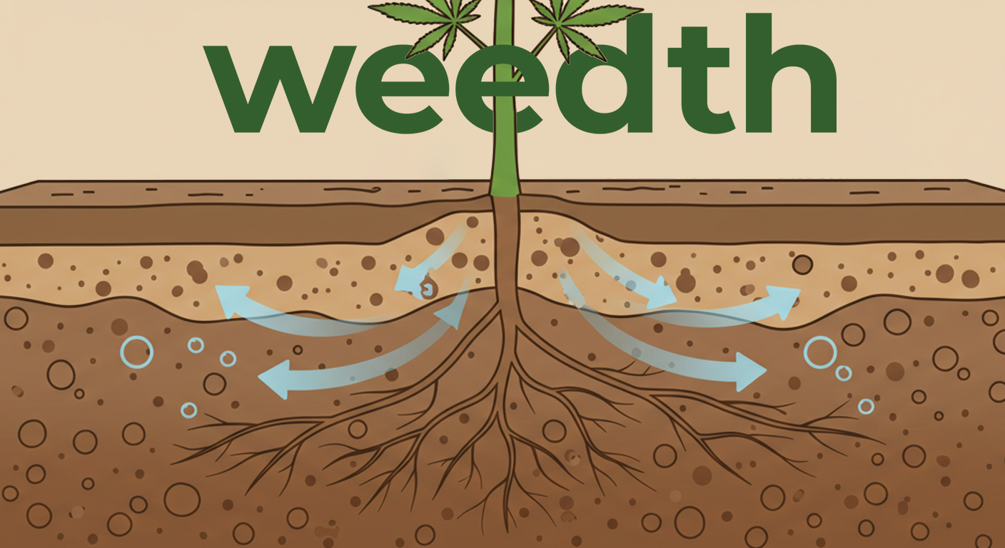 Cannabis roots with arrows showing air and water movement through soil