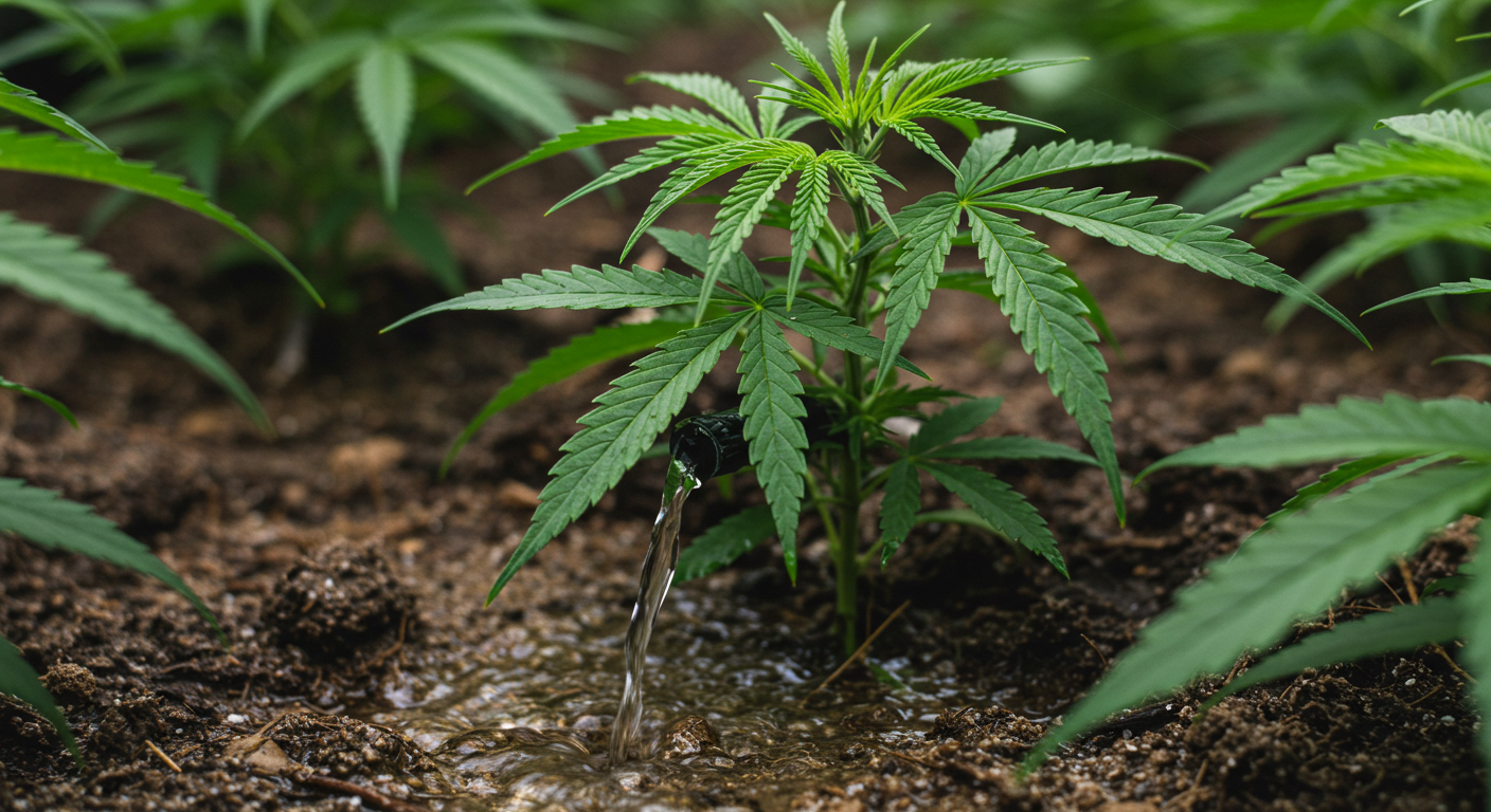 Close view of drip irrigation delivering water to a cannabis container