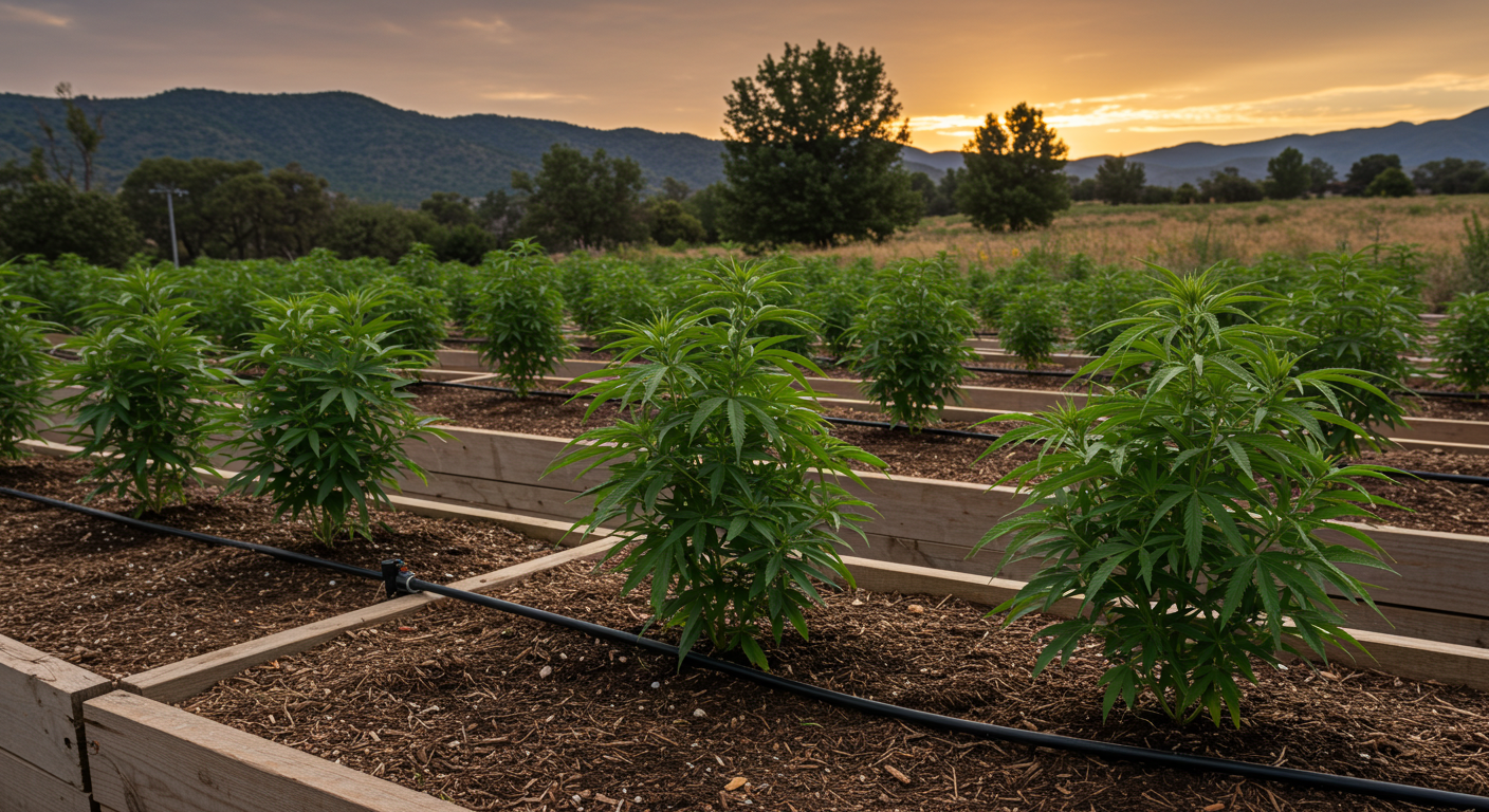 Drip irrigation supplying water to outdoor cannabis containers