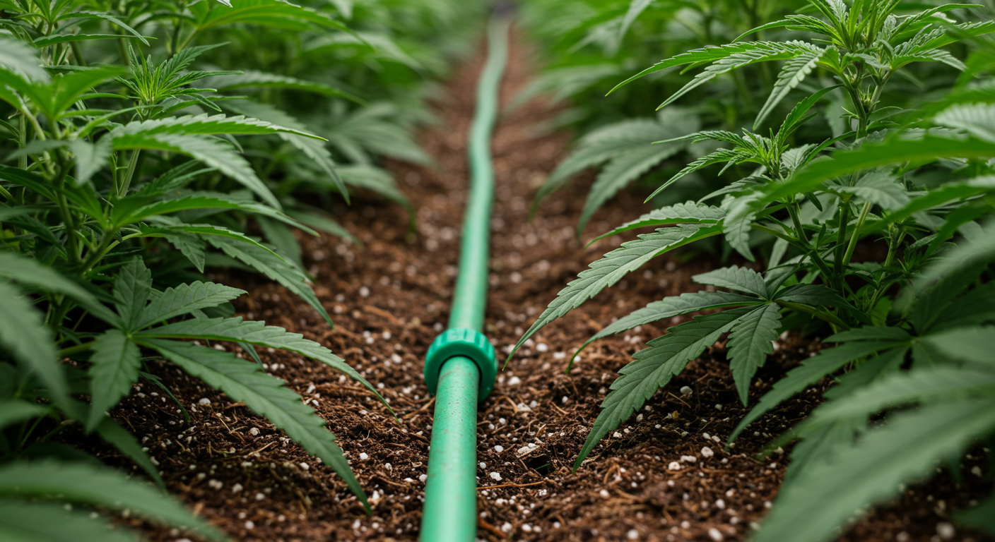 green drip irrigation hose running between rows of healthy cannabis plants, delivering water directly to the soil beneath the foliage