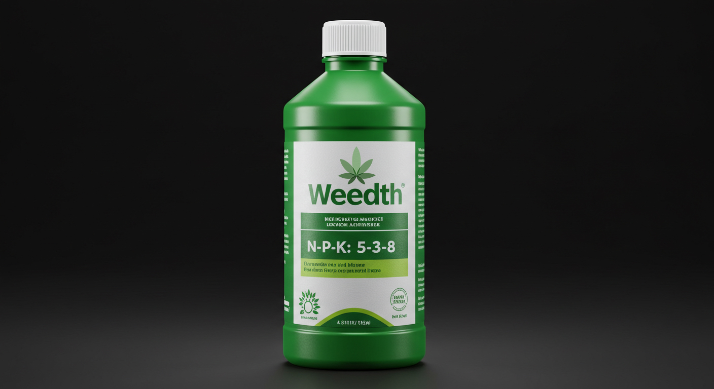A labelled liquid plant nutrient bottle used for cannabis feeding