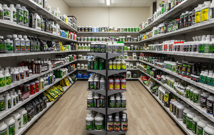 Wide view of a retail store aisle stocked with various cannabis nutrient products in bottles and packages displayed neatly on shelves.