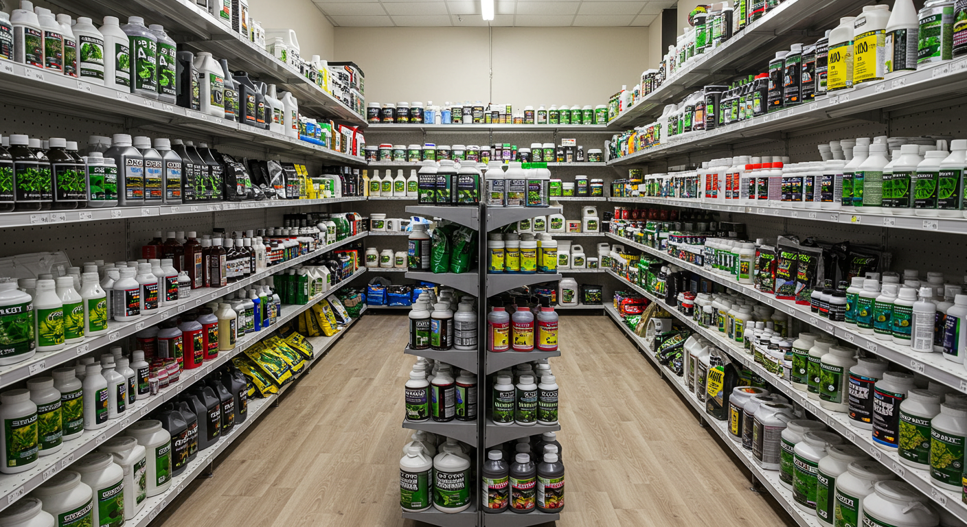 cannabis-nutrient-store-aisle.jpg Wide view of a retail store aisle stocked with various cannabis nutrient products in bottles and packages displayed neatly on shelves.