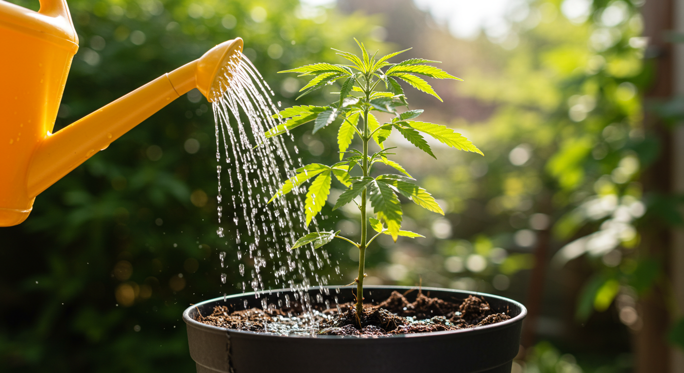 A young cannabis plant in a black pot being watered outdoors with a yellow watering can, under bright natural sunlight.