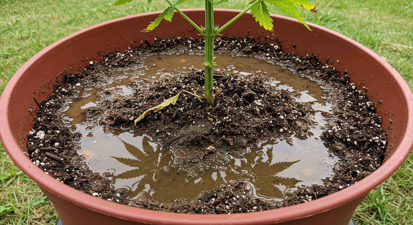 Cannabis plant showing stress in a wet poorly drained container