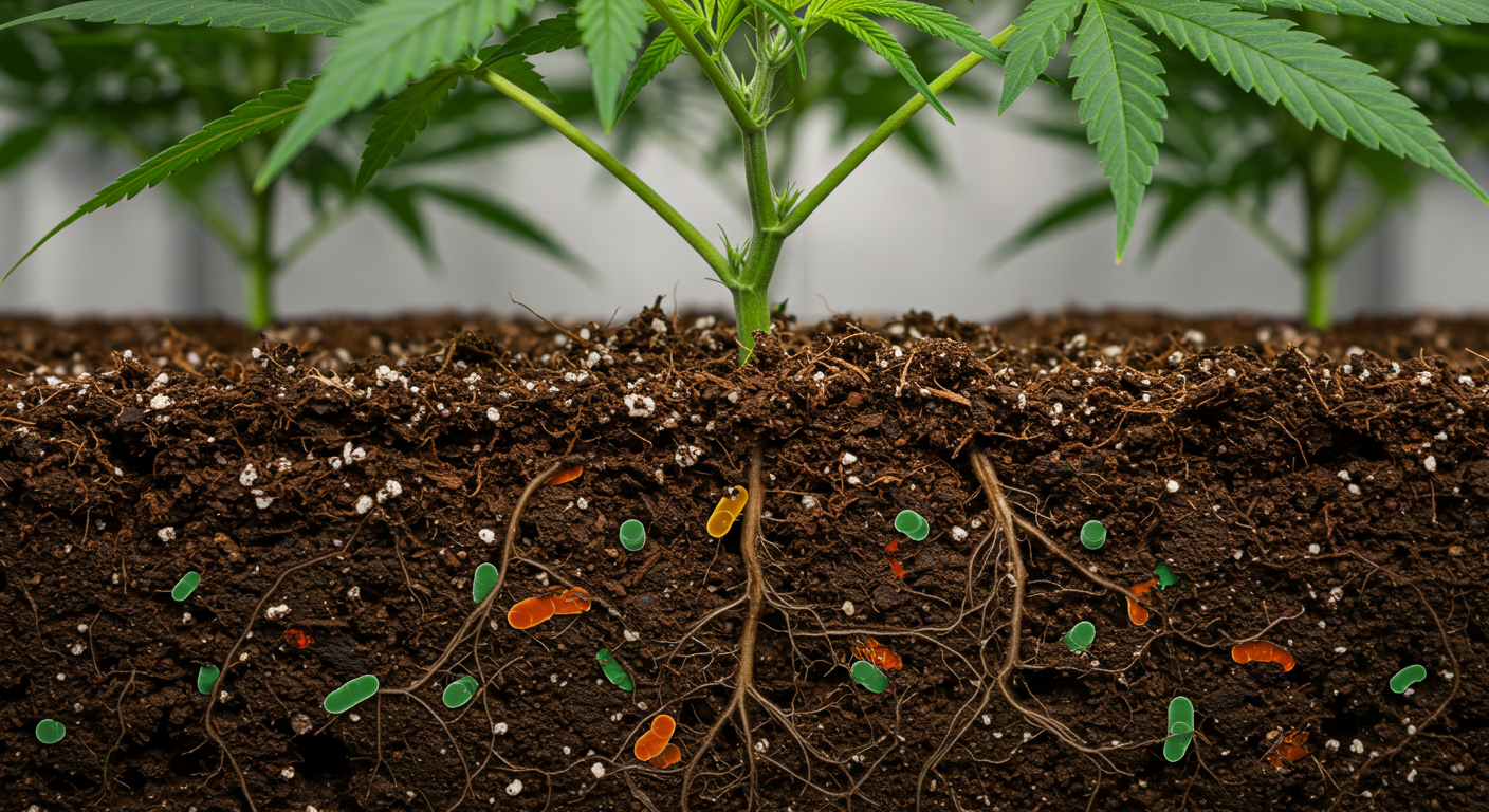cannabis roots in soil showing beneficial microbes in green, orange, and yellow, highlighting microbial activity in the root zone.