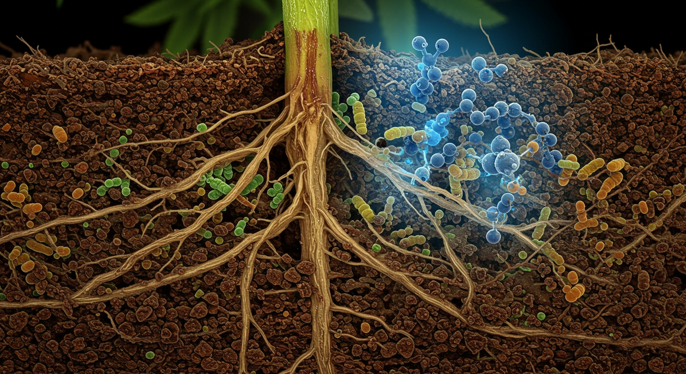 Cannabis root-zone microbes and chlorine impact diagram for water quality decisions.