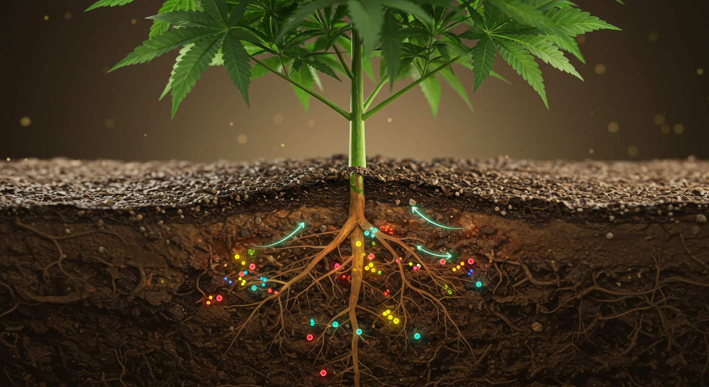 Cannabis root zone diagram showing nutrients moving through water toward roots