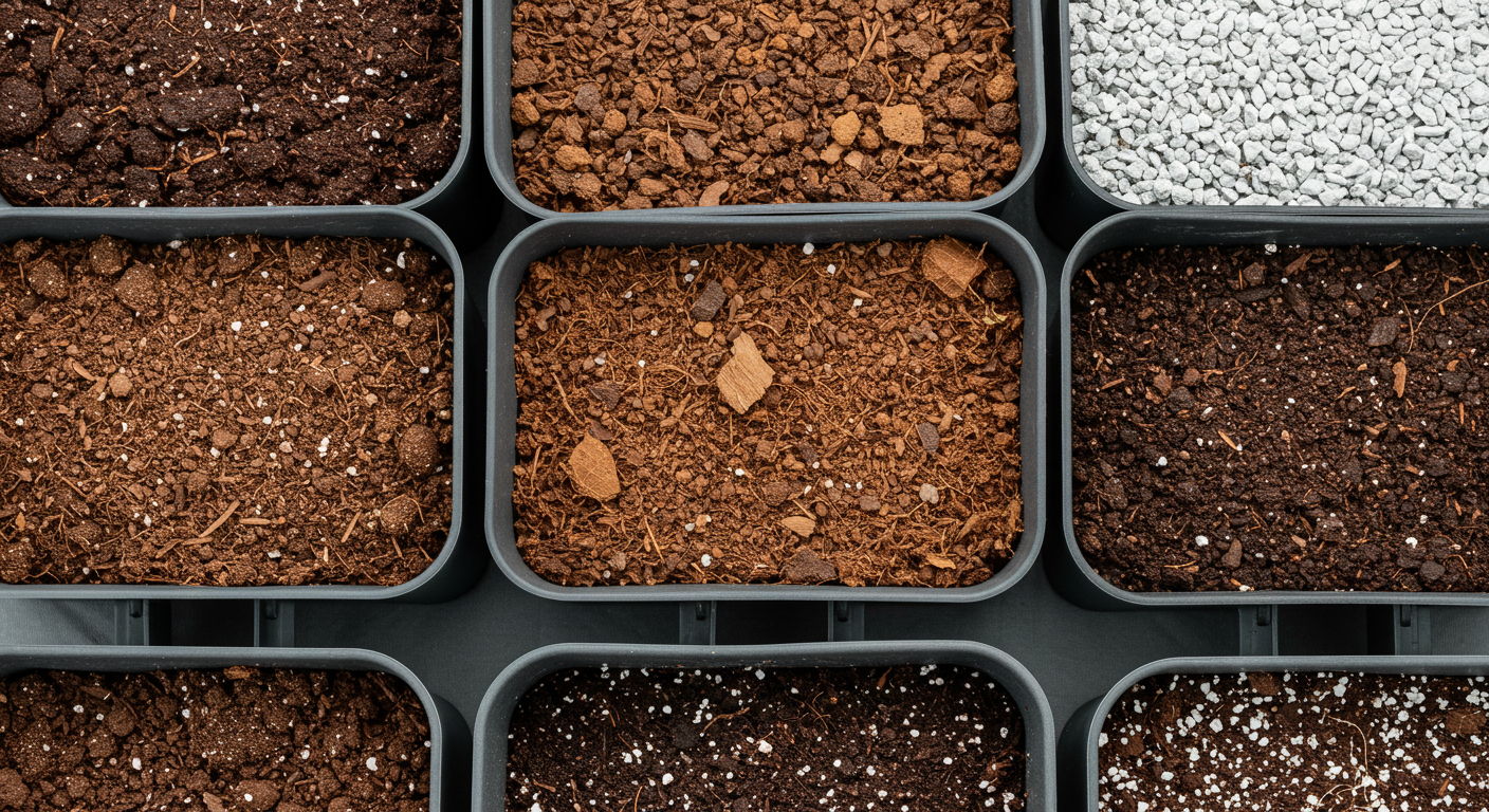 cannabis-soil-samples-top-view.jpg Top view of various soil samples in trays, showcasing different textures and compositions commonly used in cannabis cultivation, including peat, coco coir, perlite, and organic-rich mixes.