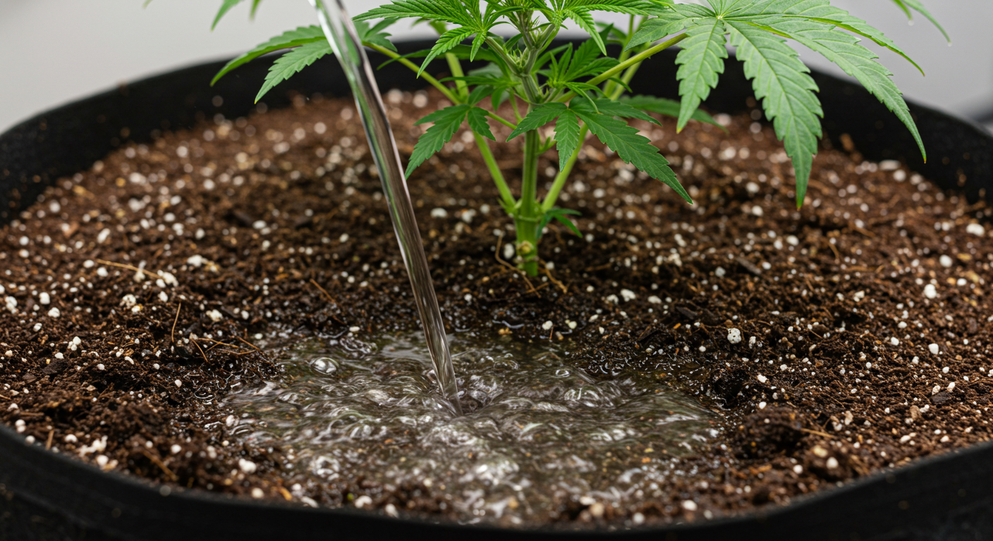 cannabis-soil-watering-closeup.jpg water being poured into the soil at the base of a young cannabis plant growing in a fabric pot.